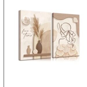 Bohemian Abstract Line Art Canvas Wall Art Set Woman Hat Pampas Grass